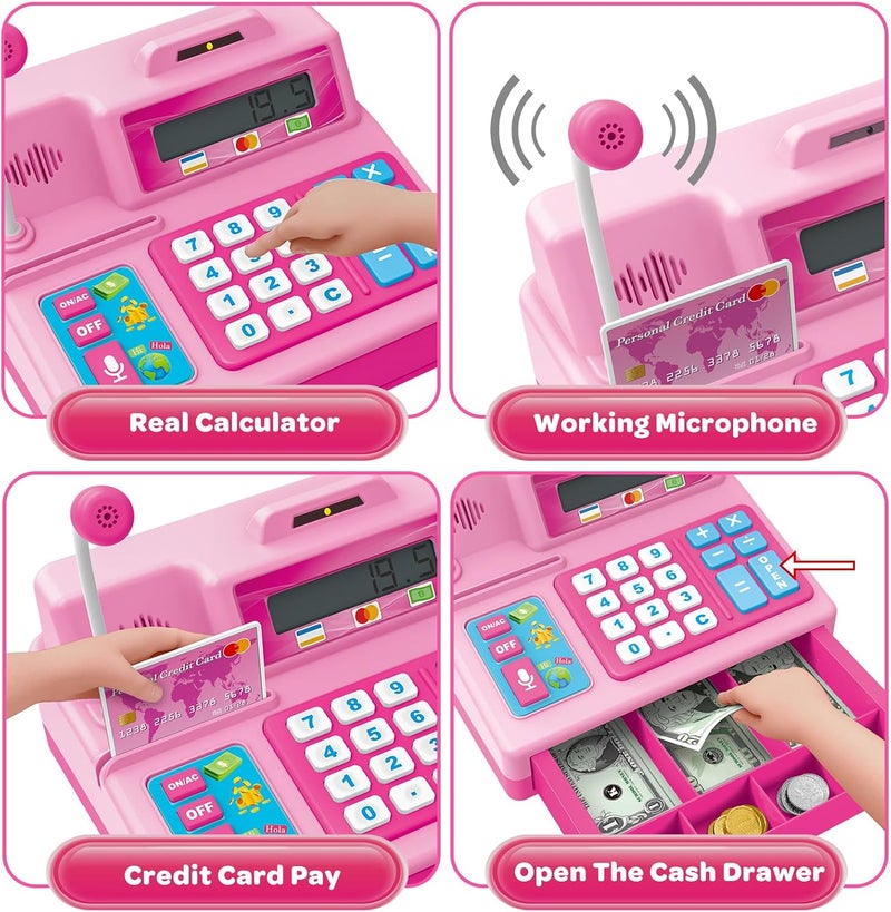 BAODLON Calculator Cash Register - 103 Pcs Pink Toy Cash Register, Microphone, Credit Card and Banking for Kids, Early Math Skills Toys Gifts for 3, 4, 5, 6 7 8+ Years Old Boys Girls - Image 3